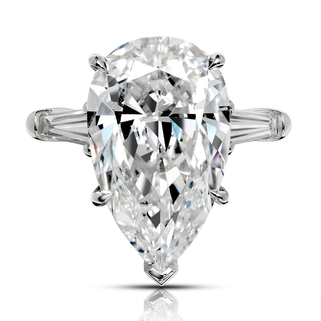 Aurora 7 Carat Pear Shape Cut Diamond Ring wTappered Baguette 