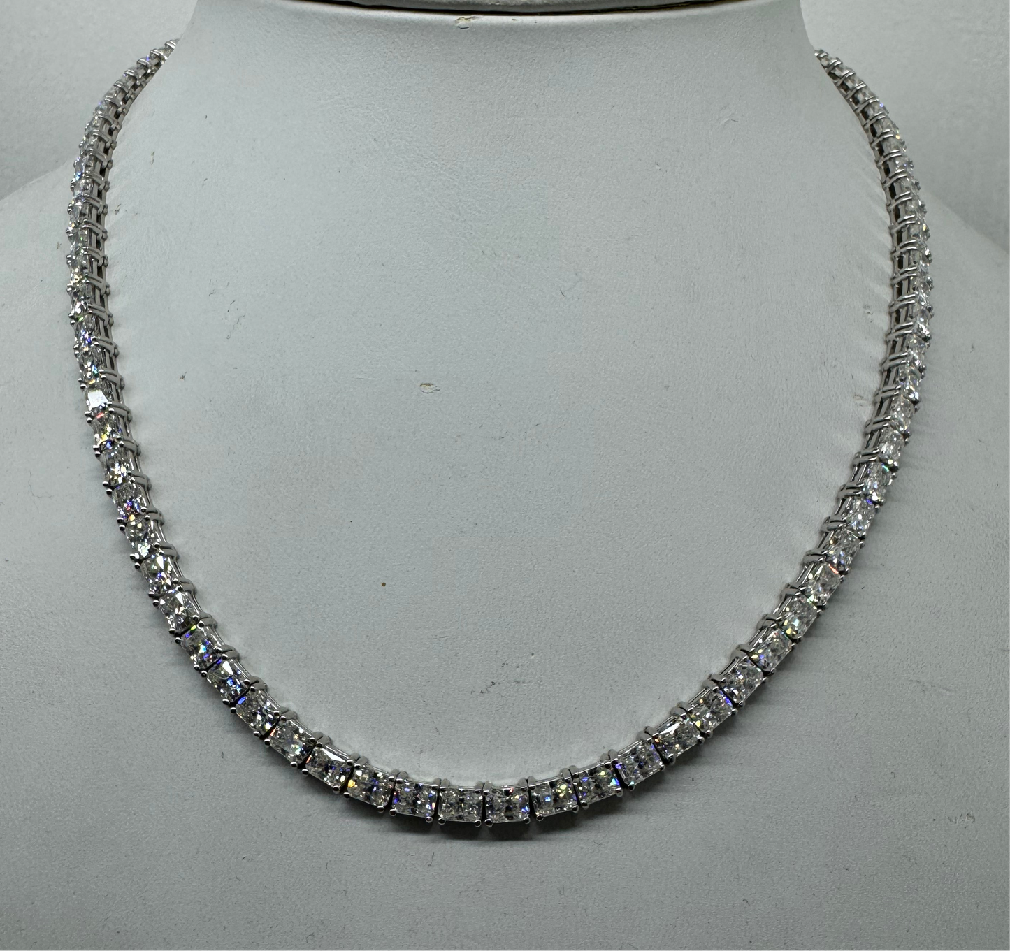 East West Tennis Necklace with Radiants Cut Lab Grown Diamond Stimulants 18 inches 14k White Gold