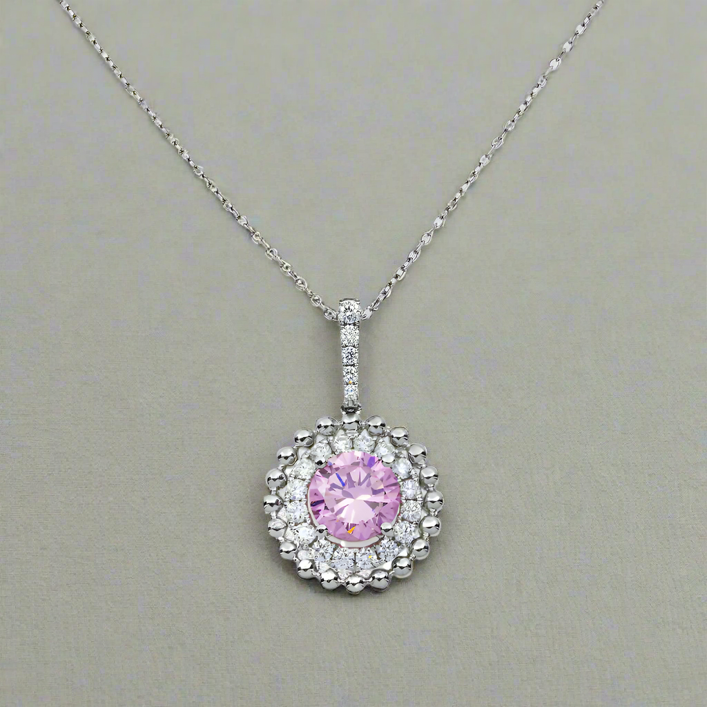 Veda 2 Carat Round Diamond & Pink Tourmaline Gemstone Necklace in 14K & 18K White Gold