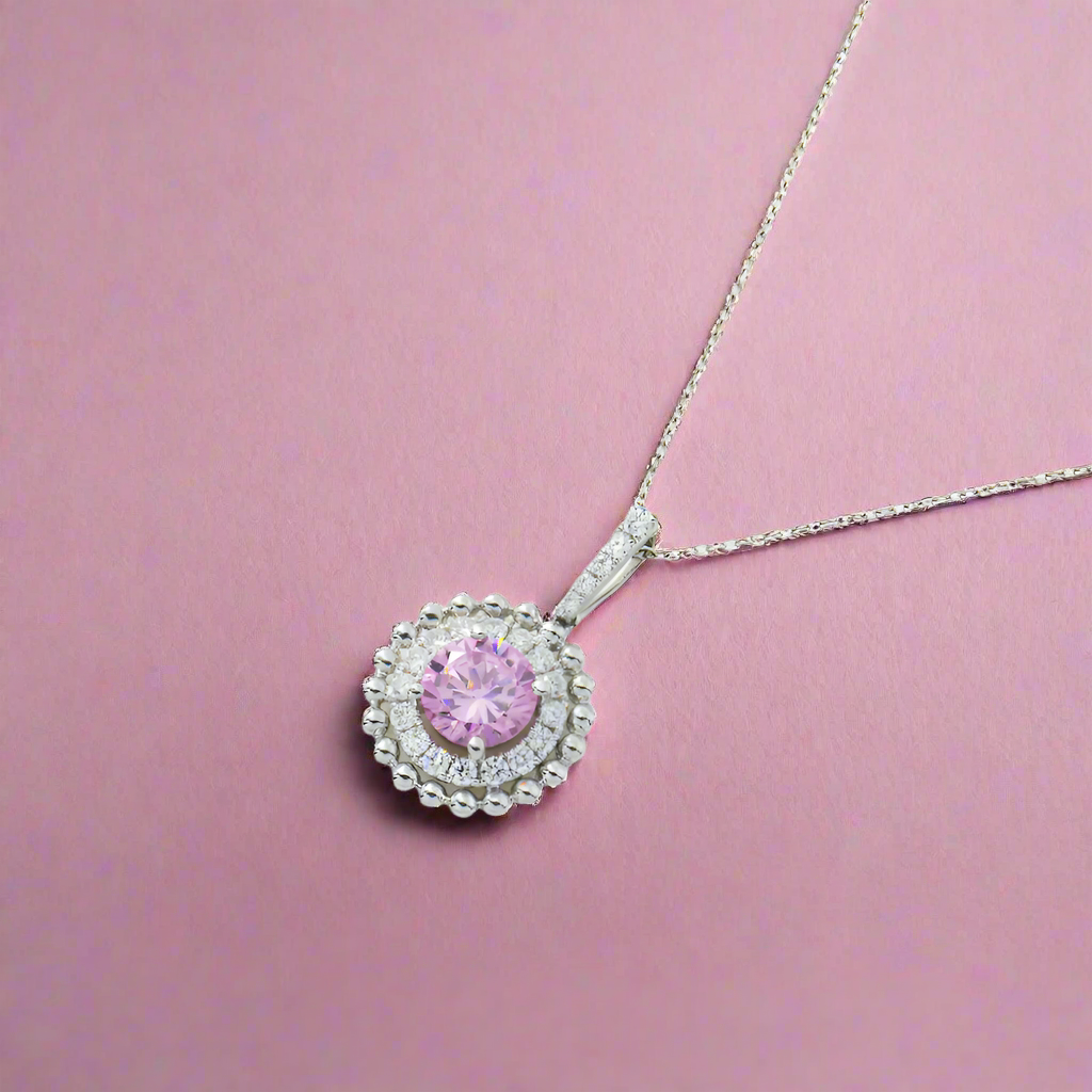 Veda 2 Carat Round Diamond & Pink Tourmaline Gemstone Necklace in 14K & 18K White Gold