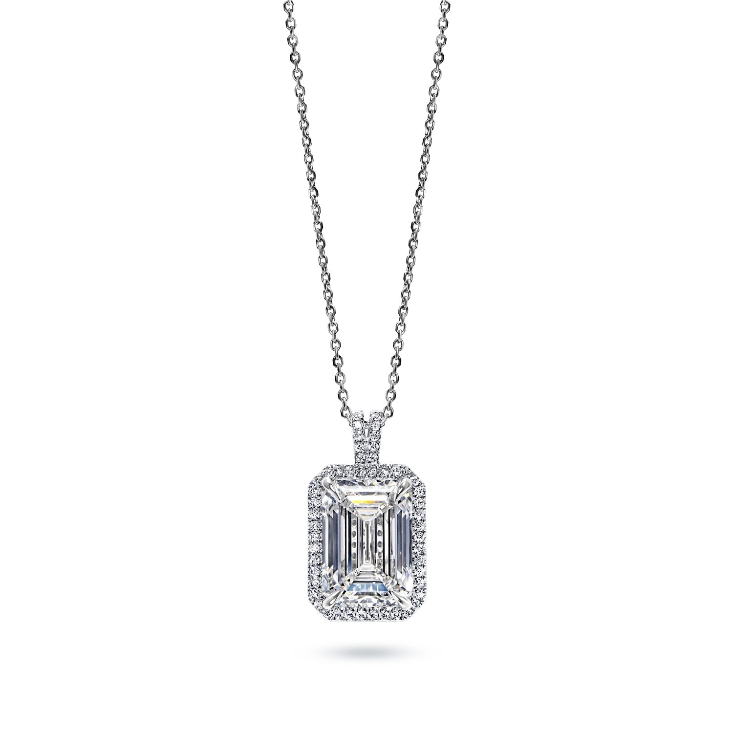 ﻿Lucyle 8 Carat F VVS2 Emerald Cut Diamond Pendant Necklace Front View