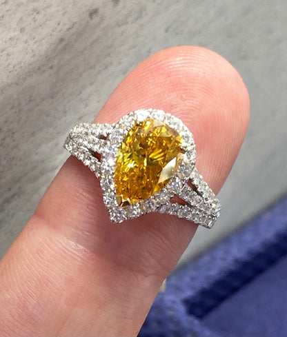 Valerie 3 Carat Fancy Vivid Yellow Orange Pear Shape Diamond Engagement Ring in 18k White Gold