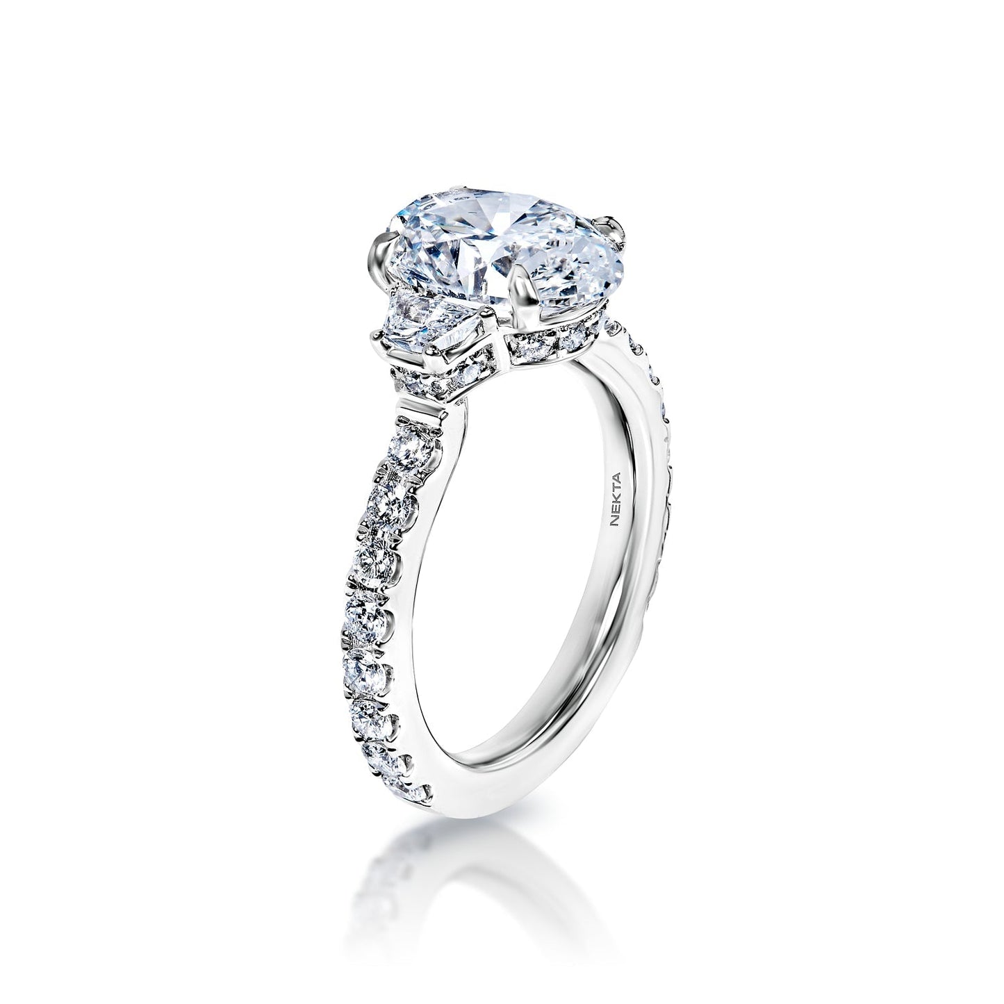 Romina 4 Carat F VVS1 Oval Cut Diamond Engagement Ring in 18k White Gold Side View