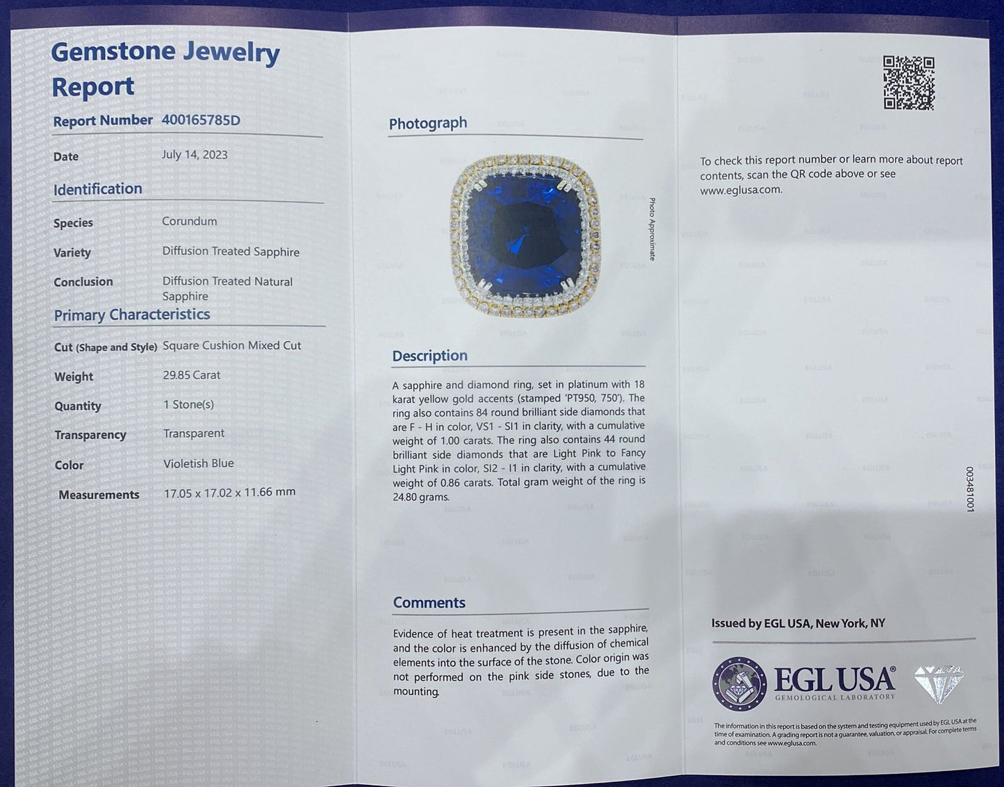 Fiona 31 Carat Cushion Cut Blue Sapphire Ring with Diamond Double Halo in Platinum EGL Certified