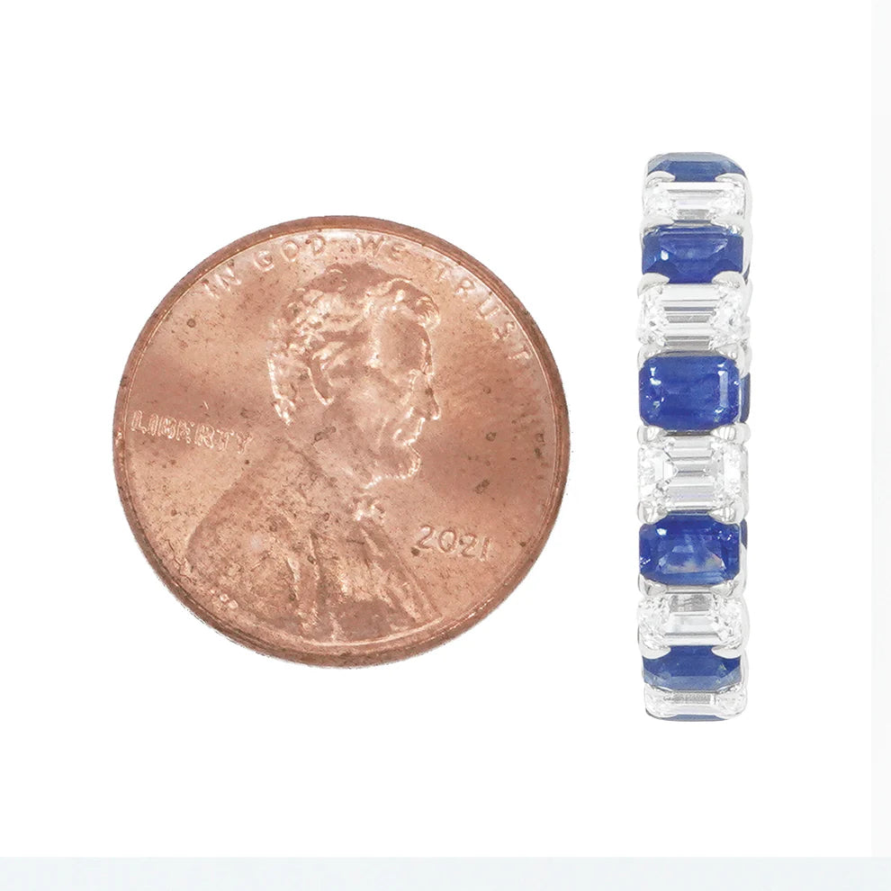 Lynda Emerald Cut Diamond & Sapphire Eternity Ring size comparison to a coin