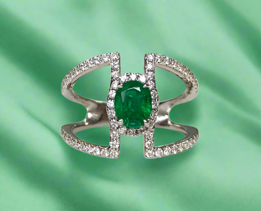 Alaina 0.78 Carats Oval Cut Emerald Gemstone Ring in 18K White Gold By Mike Nekta NYC