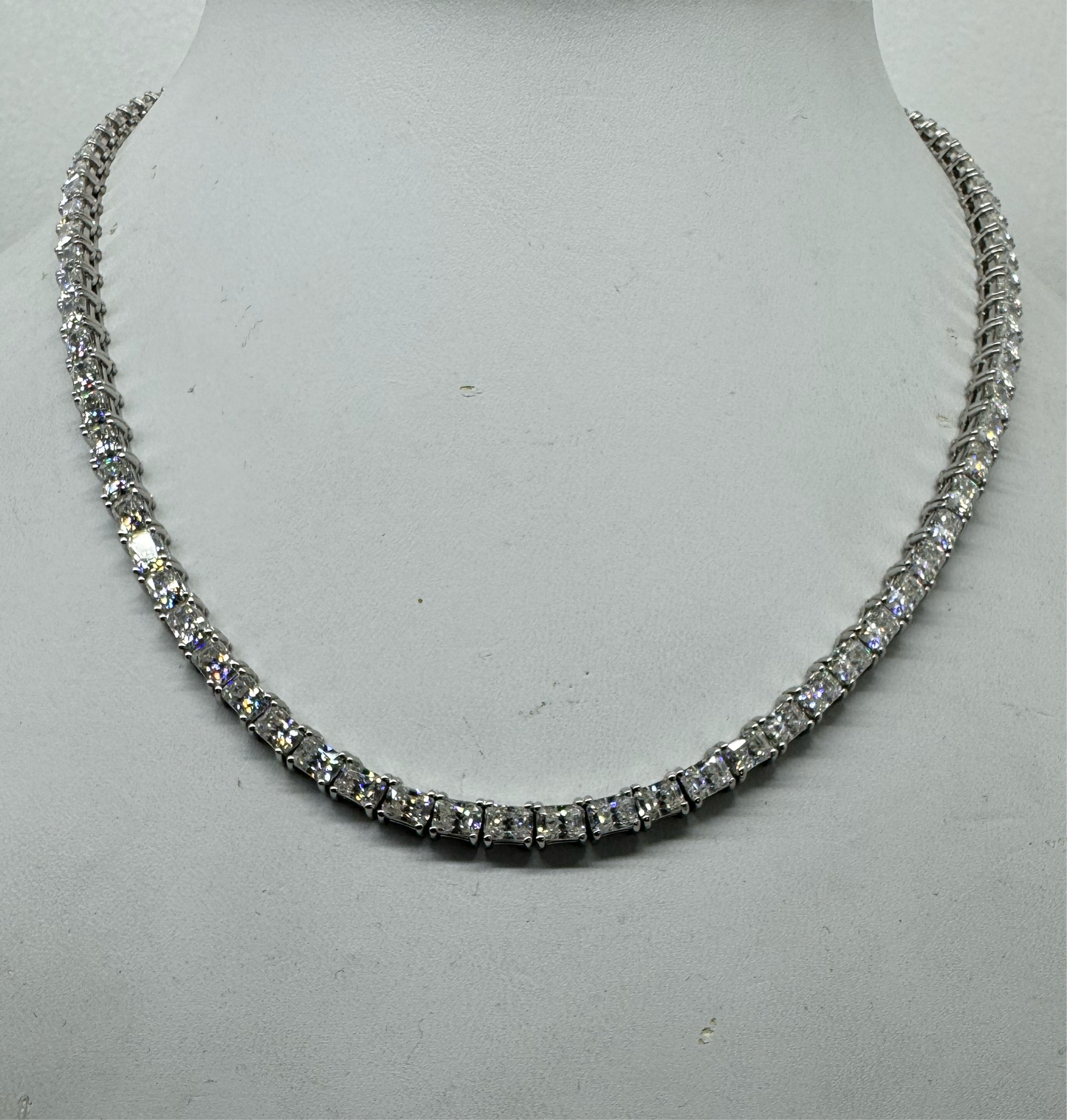 East West Tennis Necklace with Radiants Cut Lab Grown Diamond Stimulants 18 inches 14k White Gold