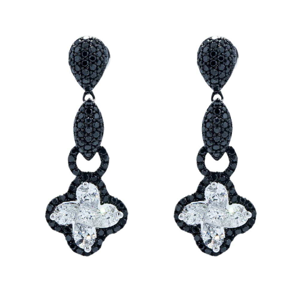 Ravina 2 Carats Black & White Diamond Clover Drop Earrings in 14K White Gold