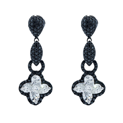 Ravina 2 Carats Black & White Diamond Clover Drop Earrings in 14K White Gold