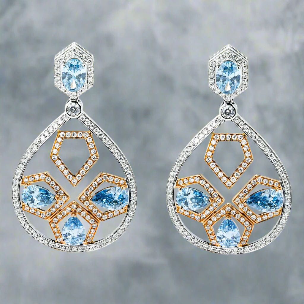 Blue Diamond Geometric Drop Earrings Front