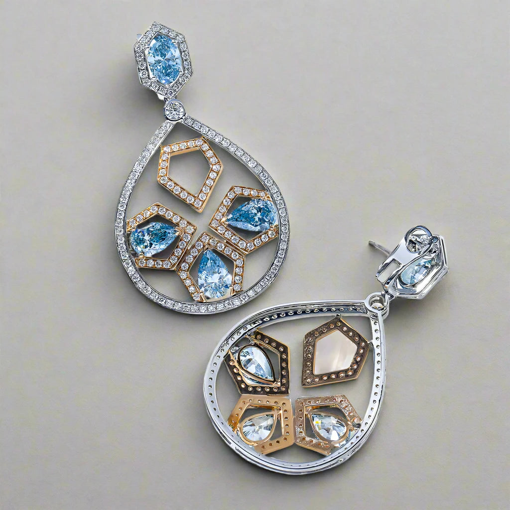 Blue Diamond Geometric Drop Earrings front and back