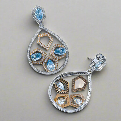 Blue Diamond Geometric Drop Earrings front and back