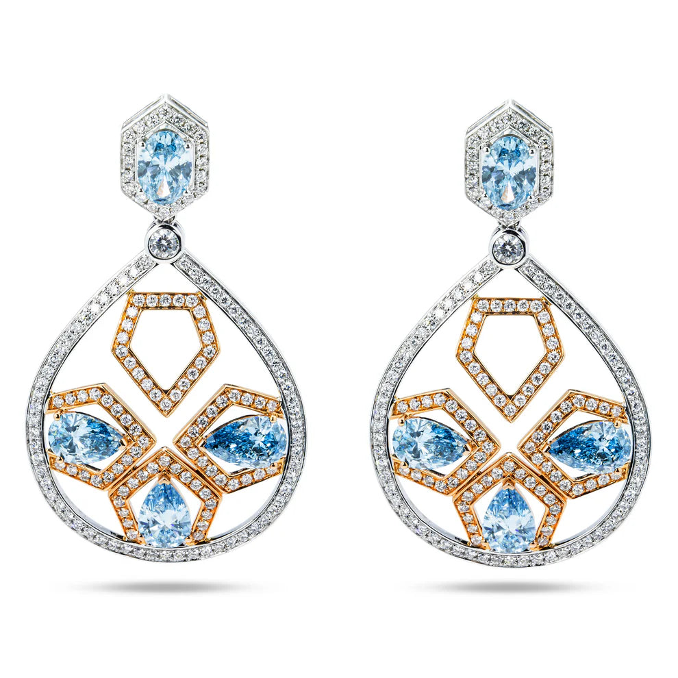 Madilynn 12 Carats Lab Grown Blue Diamond Geometric Drop Earrings in 18K Two Tone