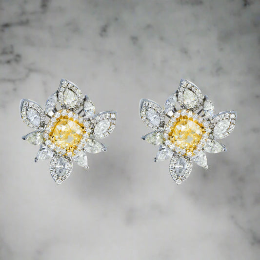 Cushion Cut Fancy Yellow Diamond Stud Earrings Front