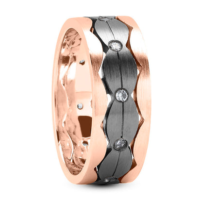 Zaron Men's Diamond Wedding Ring Round Cut Concave Black Rhodium Center in 14K Rose Gold By Mike Nekta NYC, 7MM