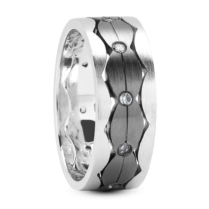 Zaron Men's Diamond Wedding Ring Round Cut Concave Black Rhodium Center in 14K White Gold By Mike Nekta NYC, 7MM