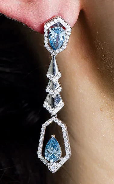 Pear Cut Fancy Vivid Blue Diamond Geometric Drop Earrings