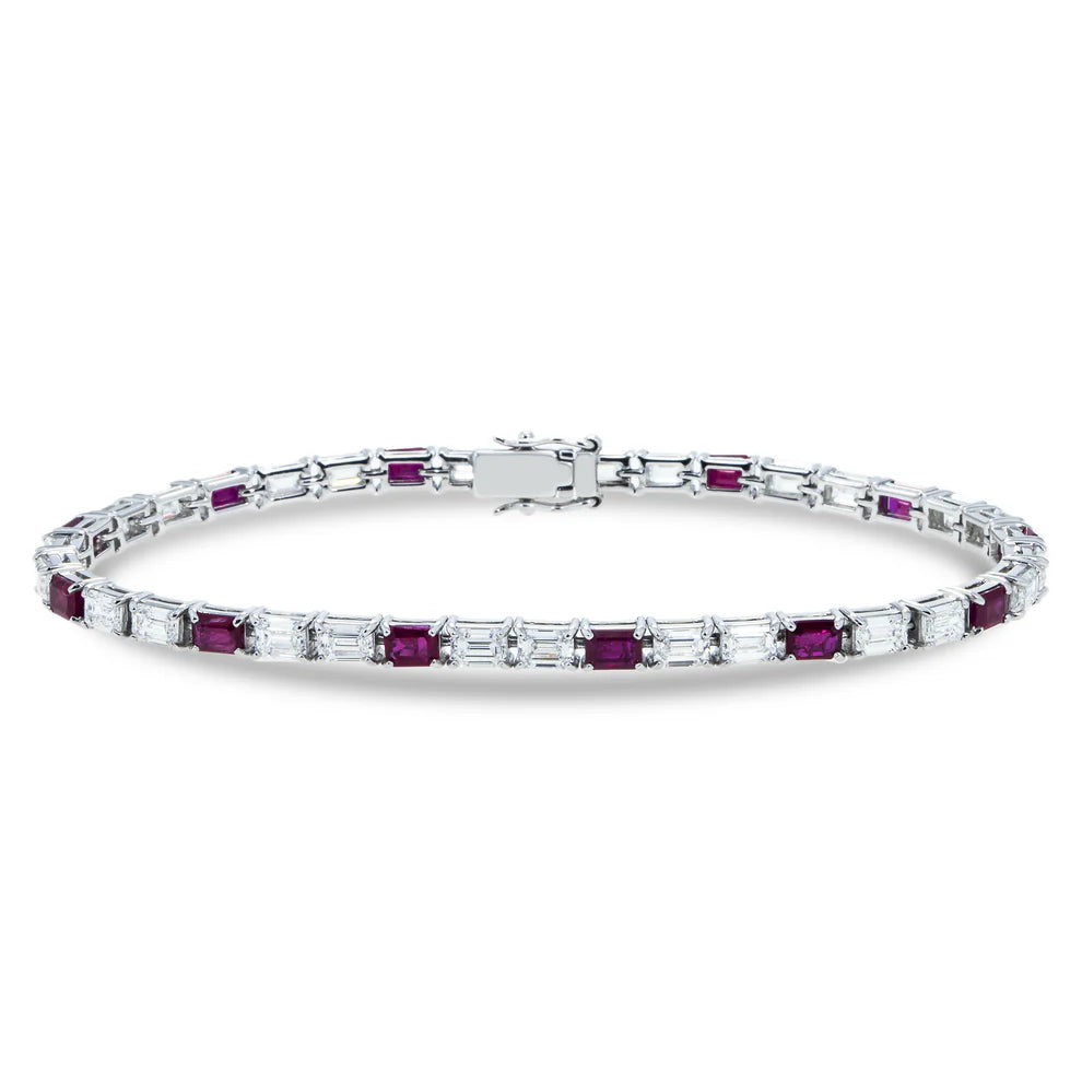 Halo Emerald Cut Ruby & Diamond Tennis Bracelet Front