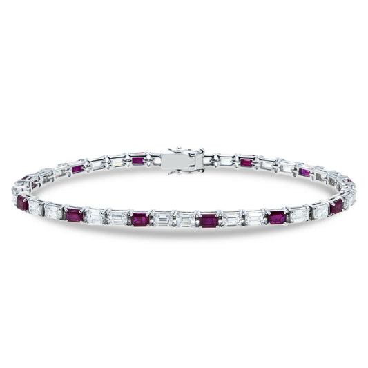 Halo Emerald Cut Ruby & Diamond Tennis Bracelet Front