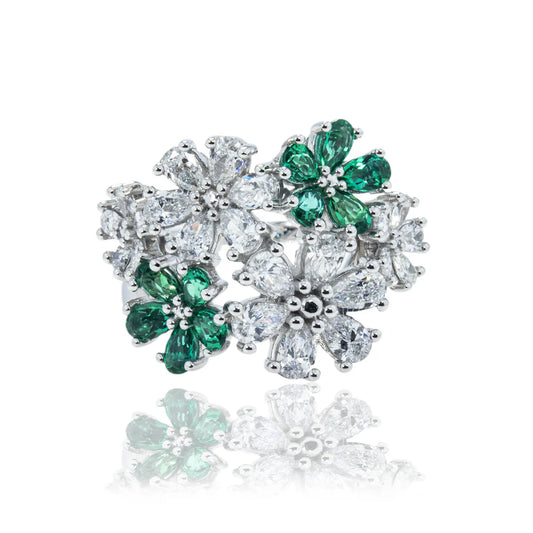 Lisette 3.07 Carat Pear Cut Emerald & Diamond Spring Flower Ring Front