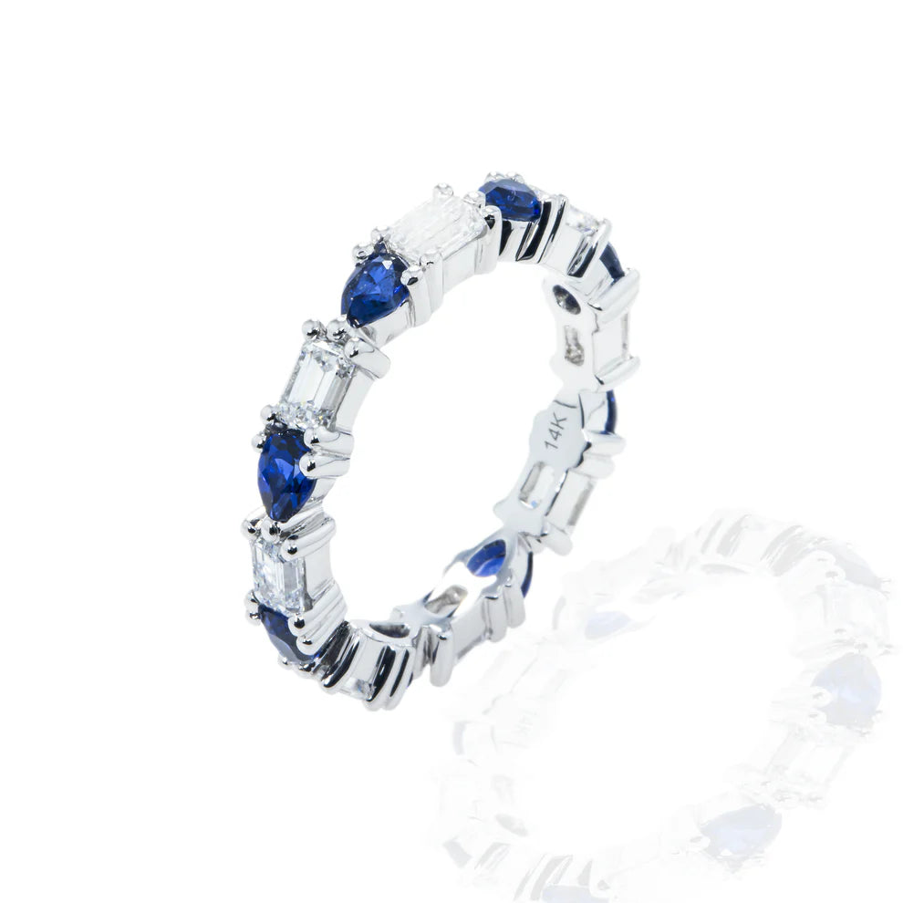 Lilibeth 3.03 Carat Emerald Cut Diamond & Pear Cut Sapphire Eternity Ring Side Angle