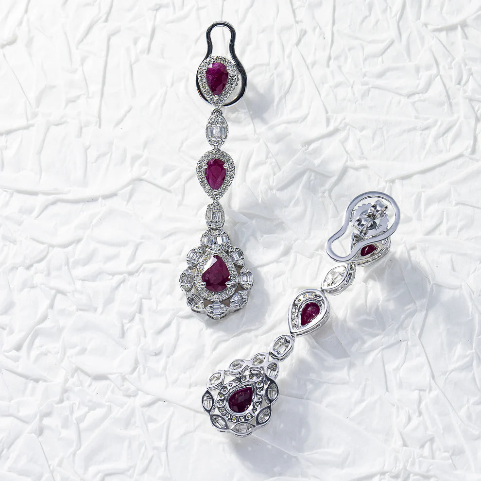 Baylor Ruby & Diamond Three Tier Drop Earrings Front and Back