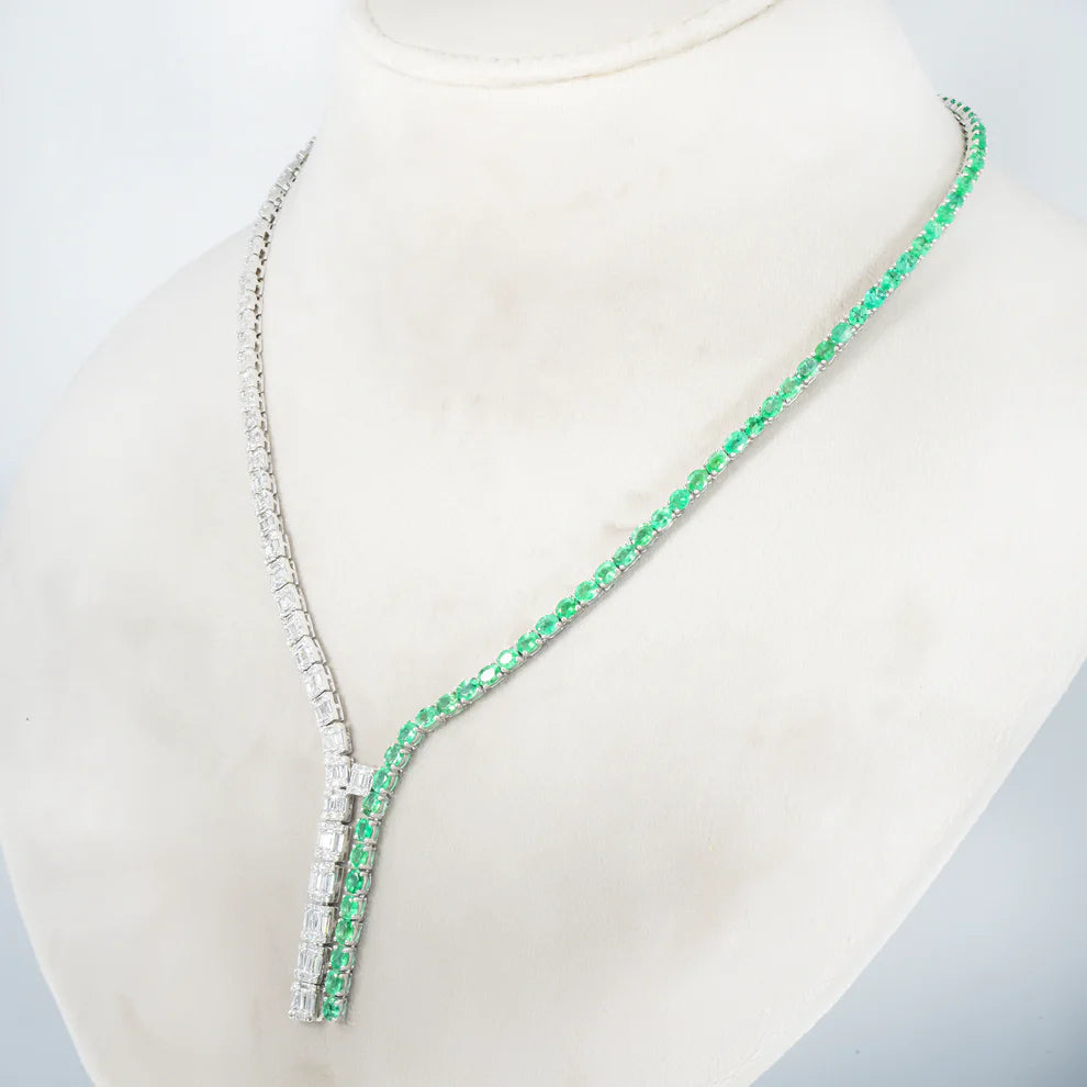 Remington Oval Cut Emerald & Diamond Drop Necklace Side