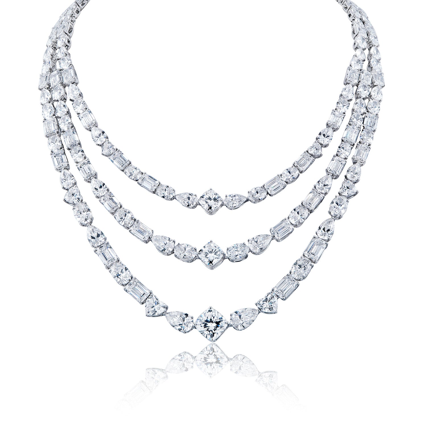 Libi 150 Carats Combine Mix Shape Lab-Grown Diamond 3 Strand Necklace Full View