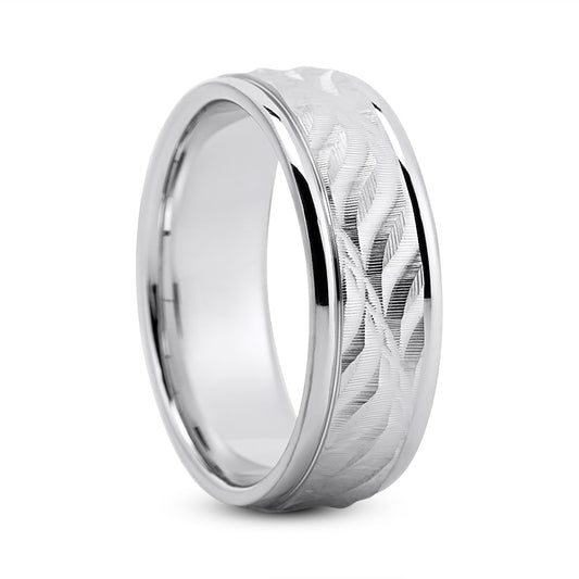 Micah Men's Leaf Carved Wedding Ring in 14k White Gold Comfort Fit By Mike Nekta NYC 7MM