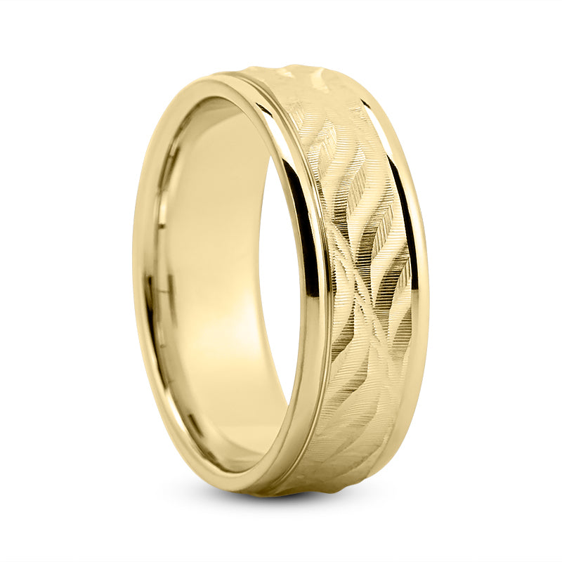 Silas Men's Wedding Ring Leaf Carved Set in 18k Yellow Gold Comfort Fit By Mike Nekta NYC 7MM