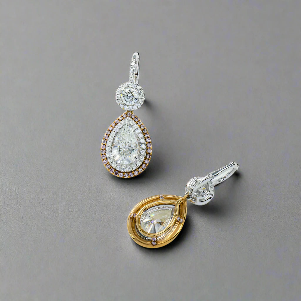 Pear Cut Diamond Drop Earrings Front and Back