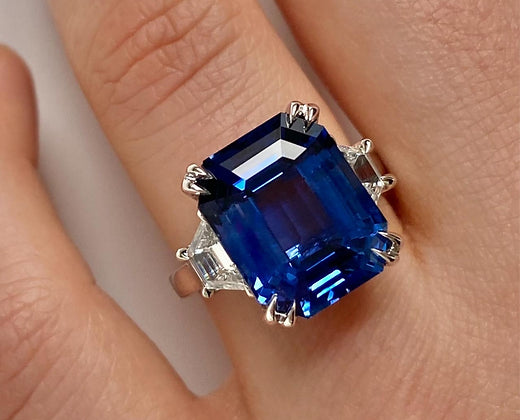 Taytum 11.38 Carats Sapphire Emerald Cut Gemstone Ring in Platinum