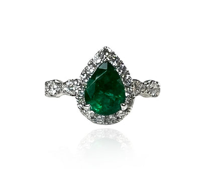 Via 1.31 Carats Pear Cut Emerald Gemstone Ring in 18K White Gold By Mike Nekta NYC