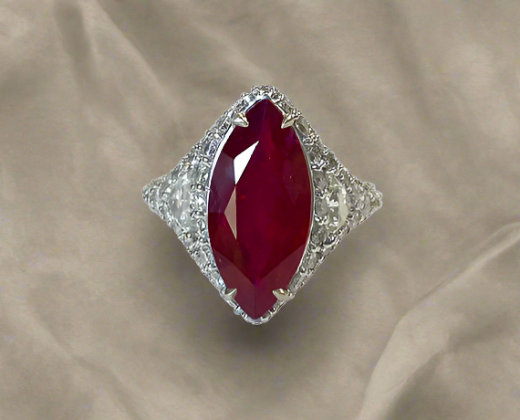 Mackenzie Ruby Marquise Gemstone Ring cloth sheet background