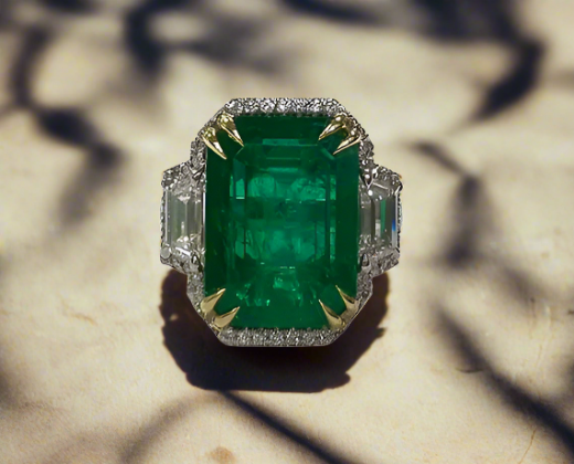 Wrenley Emerald Emerald Cut Gemstone Halo Three Stone Ring in Platinum stone background