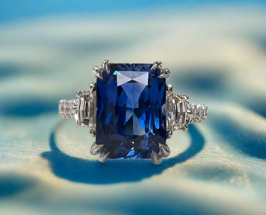 Aitana 5.61 Carats Emerald Cut Sapphire Gemstone Ring in Platinum By Mike Nekta NYC