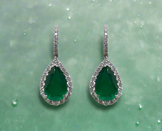 Milani 7.60 Carats Pear Cut Emerald Gemstone Earrings in 18K White Gold By Mike Nekta NYC