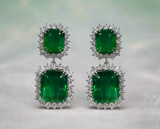 Adelaide 20.11 Carats Emerald Cut Emerald Gemstone Dangle Earrings in 18K White Gold By Mike Nekta NYC