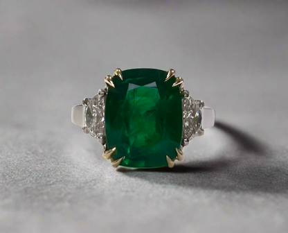 Elianna 3.95 Carats Cushion Cut Emerald Gemstone Ring in 18K White Gold By Mike Nekta NYC