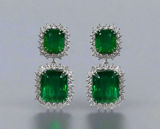 Adelaide 20.11 Carats Emerald Cut Emerald Gemstone Dangle Earrings in 18K White Gold By Mike Nekta NYC