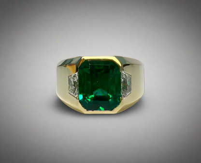 Nasir 3.02 Carats Emerald Cut Emerald Men's Gemstone Ring in 18K Yellow Gold By Mike Nekta NYC