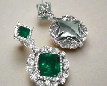 Tiana 24.56 Carats Emerald Cut Emerald Gemstone Earrings in 18K White Gold By Mike Nekta NYC