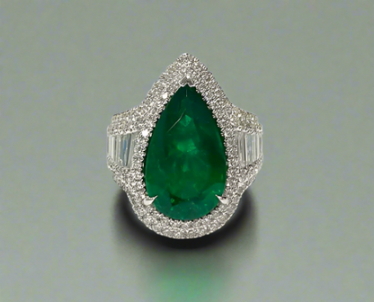 Scottie 7.06 Carats Pear Cut Emerald Gemstone Ring in 18K White Gold By Mike Nekta NYC