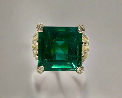 Hadassah 14.95 Carats Emerald Cut Emerald Gemstone Ring in 18K Yellow Gold By Mike Nekta NYC