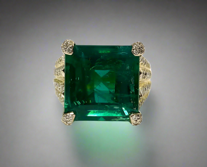 Hadassah 14.95 Carats Emerald Cut Emerald Gemstone Ring in 18K Yellow Gold By Mike Nekta NYC