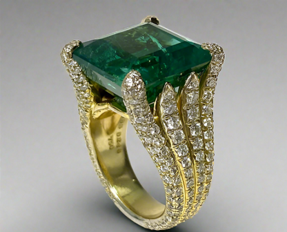 Hadassah 14.95 Carats Emerald Cut Emerald Gemstone Ring in 18K Yellow Gold By Mike Nekta NYC