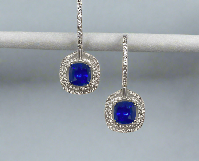 Nila 2.26 Carats Cushion Cut Sapphire Gemstone Drop Earrings in 18K White Gold By Mike Nekta NYC