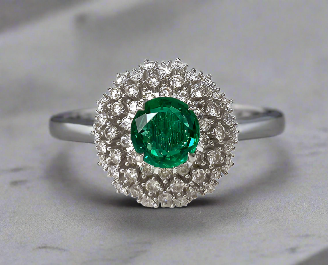 Inaya 1.77 Carats Round Cut Emerald Gemstone Ring in 18K White Gold By Mike Nekta NYC