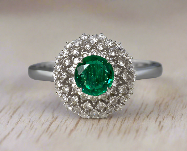 Inaya 1.77 Carats Round Cut Emerald Gemstone Ring in 18K White Gold By Mike Nekta NYC