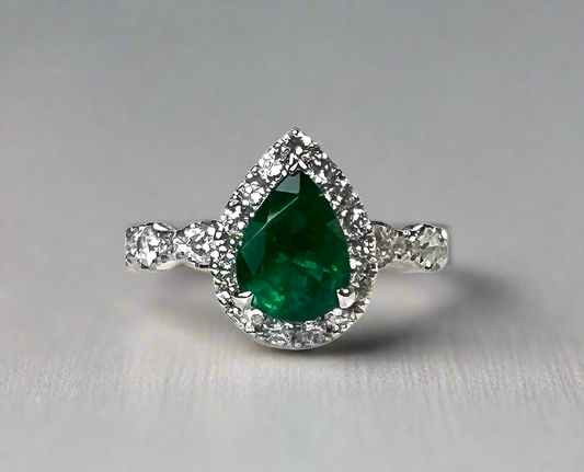 Via 1.31 Carats Pear Cut Emerald Gemstone Ring in 18K White Gold By Mike Nekta NYC